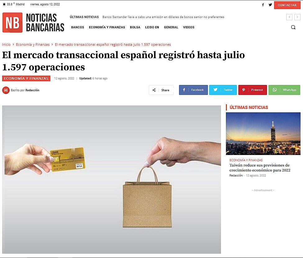 El mercado transaccional espaol registr hasta julio 1.597 operaciones